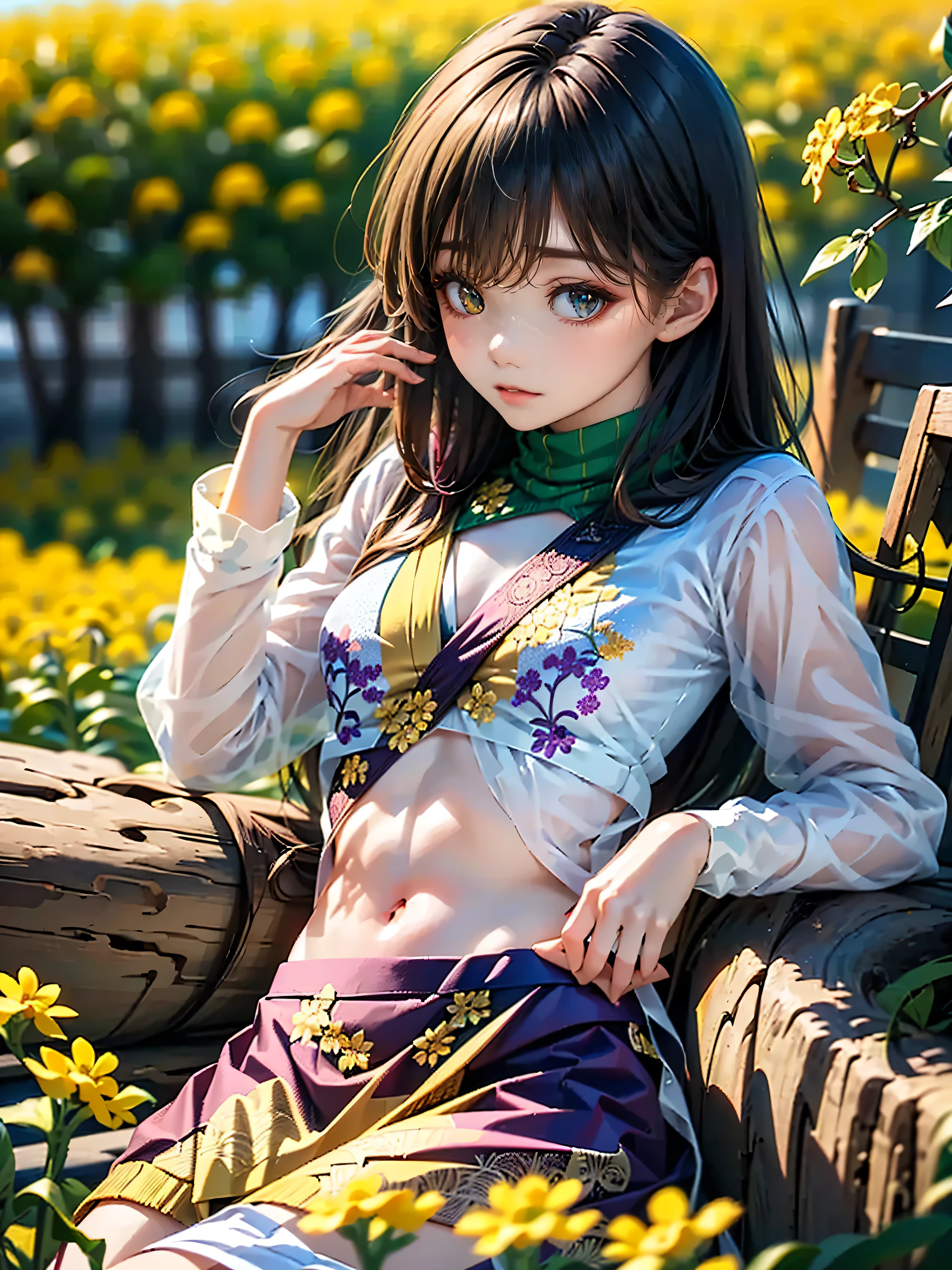 Best quality, high resolution, (High quality: 1.4), masterpiece, detailed background, realistic, RAW photo, ((Three heterochromia high school girls)), ((Heterochromia, red eyes, green eyes)), ((Sparkling and detailed eyes)), ((Long silver and purple hair)), Transparent smooth white skin, Glossy skin, Small breasts, ((Yellow wool sweater with floral embroidery)), Wearing a green flared skirt, ((Lying on her back with her hands clasped behind her head in a field full of rapeseed flowers),
Lying on her back, Anatomically accurate depiction, Delicate depiction down to the fingertips, Faint sunlight, Rape flower field