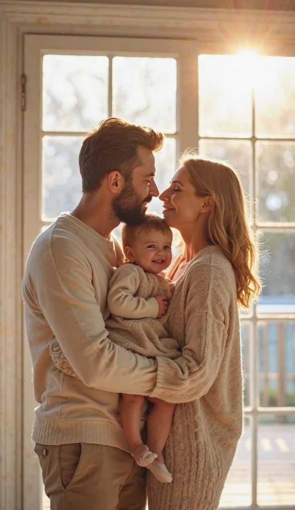  blonde child blue eyes hugging her father dark brown hair and brown eyes and her mother blonde green eyes long hair in london 8k ultra realistic photorealistic 