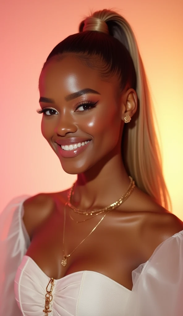 Half body photo, 1 beautiful young black woman; coy smile, (black satin bomber jacket); one hand is holding a pistol the other hand is empty, satin skirt,fishnet stockings, tall black boots, long hair,wearing jewelry, natural makeup, extremely detailed eyes and face, lovely smile, delicate blush, sensuous lips, intricate facial details, perfect skin, flawless skin texture perfect, ; standing in a long hallway with many doors, evening lighting,, , subtle , dreamy, luxurious atmosphere, low lighting; Super high quality, surreal, 8K, high resolution, masterpiece, detailed, professional cinematic lighting, , ; Fine brushstrokes,ethereal vibe,mesmerizing gaze,dreamy atmosphere,blending elegance,subtle color gradients,,understated beauty. In the background several men lay unconscious on the hallway floor