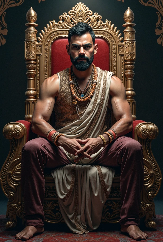 rey de piel morena,fisicamente bien construido, sentado en el trono,corona,barba corta,calvo,traje de negocios