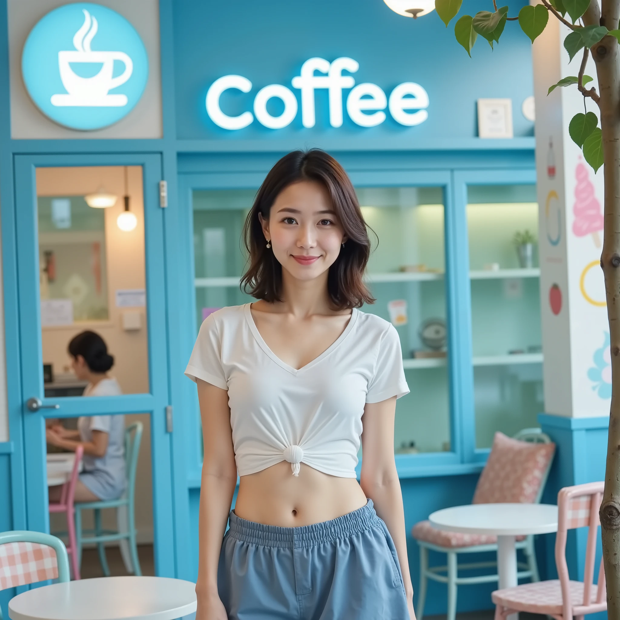 『1 Japanese Girl:1.3』『real photo:1.3』of the best quality:1.aggy big breasts、Slender figure ))、I can see a little cleavage、(( 40 year old woman))、Beautifully shaped belly button 、not wearing makeup『showing teeth:1.9』、(((anatomically correct、PERFECT ANATOMY、anatomically correct指)))、realistic, of the best quality, ultra high definition, RAW photo, (Narrow waist)、lean forward、
A romantic Japanese woman with brown eyes 、 wearing loose T-shirts and cargo pants casually 、 I have a bright and colorful ice cream shop cafe There is . Smiling gently、looking at the camera 。 This café is、blue light with white and pastel accents, In front 「COFFEE」large light blue sign with brown eyes . inside a cafe , I have a heart-white table and pastel colored chairs, has ice cream decorations on the wall , colorful ice cream is displayed in a glass showcase along with the price . Style display student , ultra high definition , digital camera photo , sharp and clear