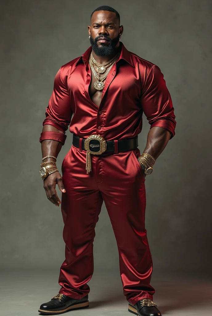 A muscular black man wearing tight silk satin shirt and pants with many ...