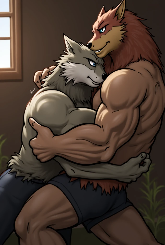 high resolution, best quality, correct proportions, correct anatomy, detailed, muscular, correct shadows, correct lighting, size_difference, male, masculine, anthro body, (by wfa, by meesh, by Taran Fiddler), wolf, fox, multiple characters, two characters, hugging, looking at each other, detailed eyes, underwear,