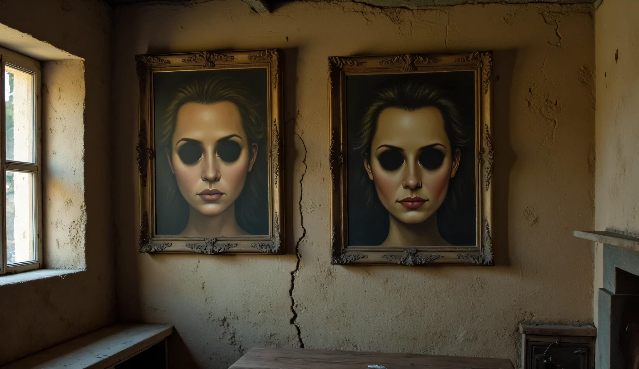 in an old, shabby workshop in a dirty, cracked wall, there are two portraits. Their faces are clearly drawn — nose, mouth, cheekbones, hair — everything looks realistic. But the eyes aren't at all. Instead of eyes — empty black dips, like holes in reality, fully absorbing light. Important: all facial features , except for the eyes, should be normal. No dark spots on the nose or mouth — just empty black dips instead of eyes.
Portraits hang a little crooked, creating anxiety. It's like they're shaking, as if from a hidden life inside, it's like silently watching everything, what's going on in the room.
The whole scene is filled with a sense of dark mystery, and the empty eye sockets in the portraits evoke a sense of ominous presence.