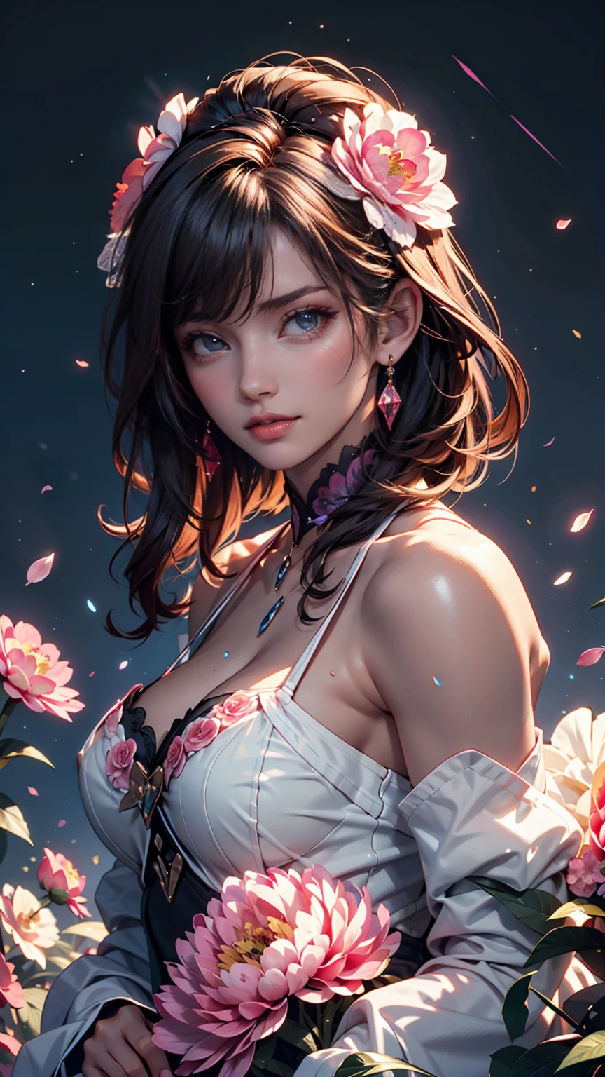 official art, unity 8k wallpaper, ultra detailed, beautiful and aesthetic, beautiful, masterpiece, best quality, Dark, atmospheric, mystery, romanticism, macabre, literature, art, fashion, Victorian, ornamental, intricate, ironwork, lace, brooding, emotional depth, supernatural, (ultra Detailed scene) , (masterpiece) , pretty girl , white thin robe , thick leg , shaped body , shaped face , Both_of_eyes_are_same , blue eyes , full body close up , putting hand like pray while standing , dark pink lips , shaped nose and ears , black straight hair , silver crown , wind blowing through the hair, thousand pink blossom twirling her like storm , ruined pray stone with rune and symble on it , has old rune as black tattoo on her neck to arm , mist under her feet , 100 mini light balls around her , (high detailed face), (ultra pretty face) , black eyebrow , long white robe , dark scene , dark fantasy art style , magic , magic ball in her hand , pink glowing aura around her , pinkish scene ,(ultra detailed face),(ultra detailed magic shape) , (ultra detailed blossom),detailed face, detailed eyes, detailed skin