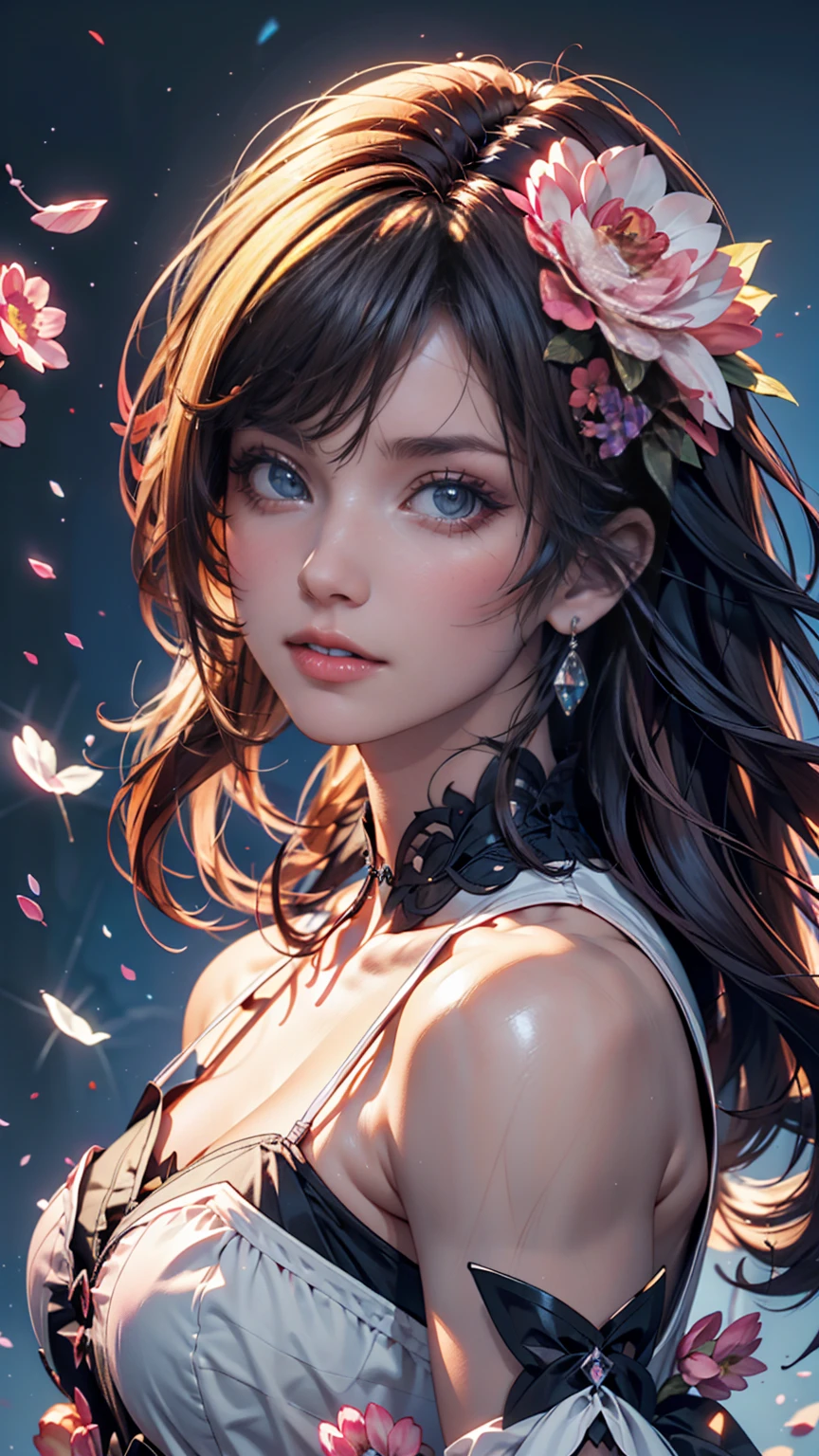 (Highest quality, masterpiece), One girl, Pause, particle, Wind, flower, Upper Body, Simple Background, View your viewers, Black and messy hair, Cosmic, nebula, Milky Way、smile、Top view