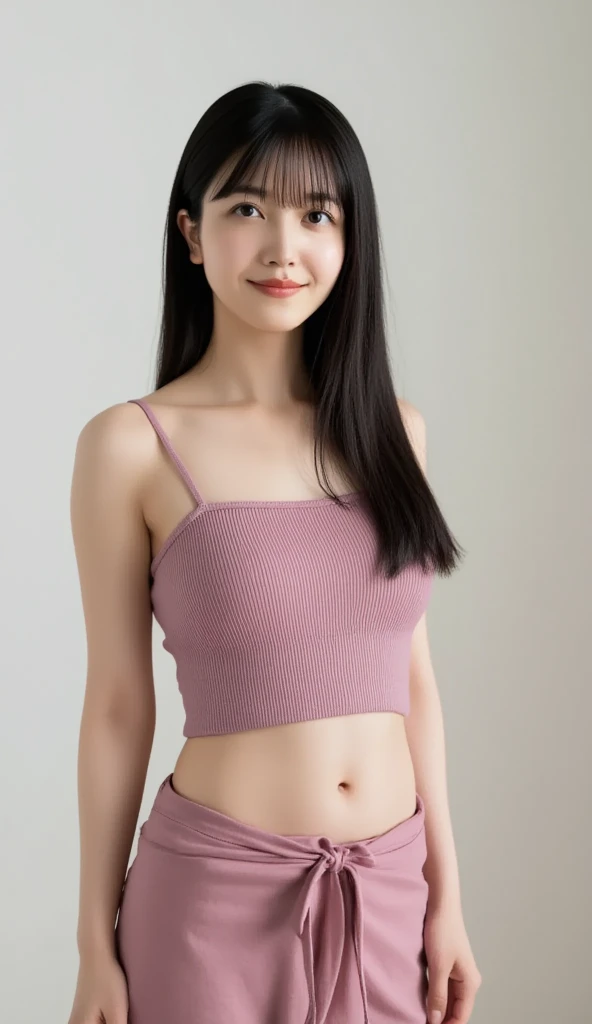 full shot, a girl, bangs, pastel lavender striped sports bra, panties, Looking at Viewer, small hips, (smile), in her room, (night:1.8), (moody lighting:1.3)