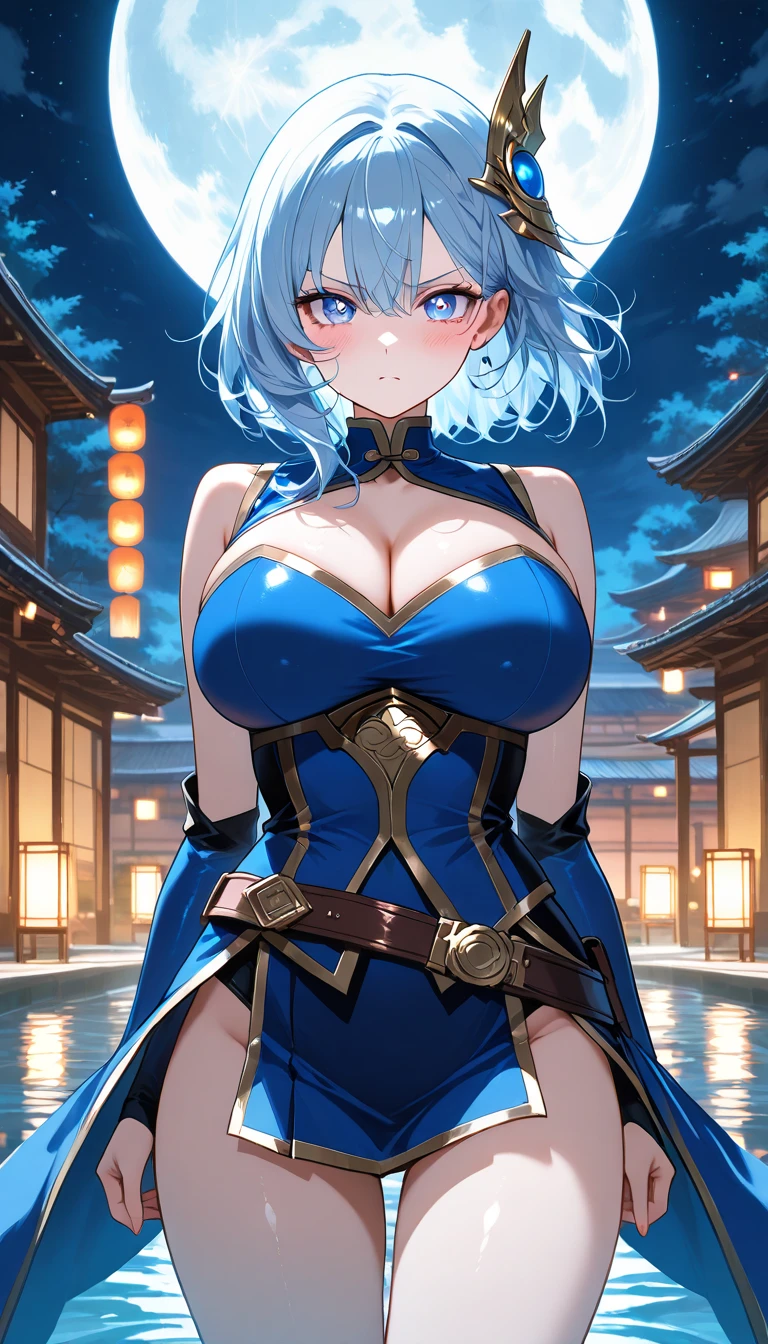 1girl, solo, , , (from rear view), (blushing:1.3), (peaked breasts:1.6), pov, masterpiece, highest quality, 8k, red silver hair, sfw,hand on chin, confident look, night sky stars background, Chinese dress, red hair, dark blue eyes, looking back at viewer