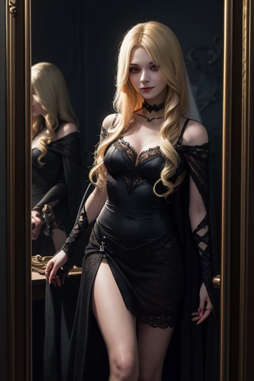 RAW Photos,black light, hair blonde, dark surroundings, Dark masterpiece, mulher fair brown-skinned, SITTING ON A THRONE, black roses, posing photo, long hair, hair blonde, black witchcraft, red geometric shiny background, full body size, Eastern fantasy theme, Eyes red, underworld, cold stare, Dark clothes, long and tight, fair brown-skinned, color classification, dark illustration, extreme quality, Radiant, extremely detaild, Face ultra detailed, ultra hd 8k, ultradigitality, mythical, black lightning, Conceital Art Portrait of Greg Rutkowski, artgerm, hyperdetailed, intricately detailed Gothic art, dark gothic fantasy style, triadic colors, Fantastic, intricate-detail, opening screen, colors complementary, fantasy concept art, 8K resolution, masterpiece of gothic deviantart, Heavy strokes, soft lighting, Surrealism