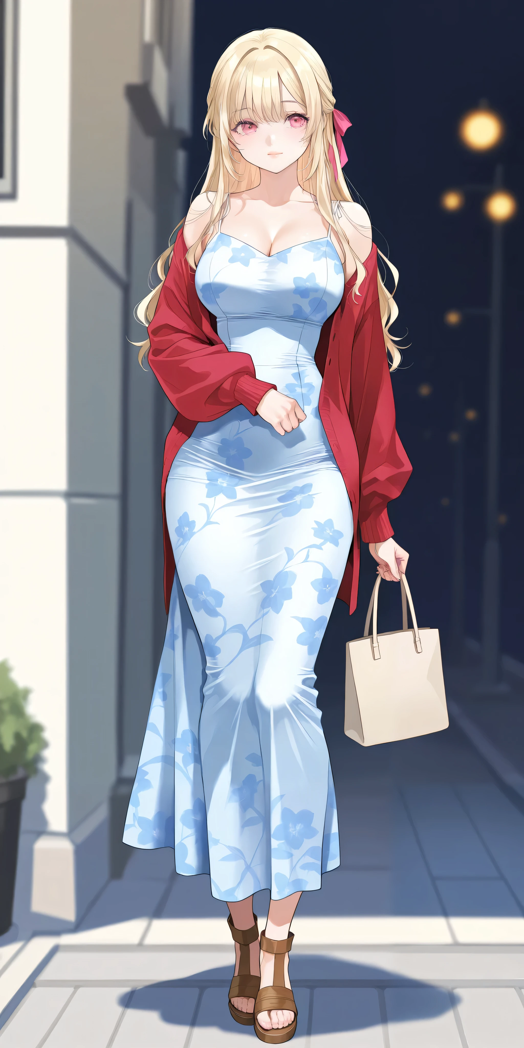 Jumi Noona from New Town. An extremely beautiful woman with blond hair, extremely fair white natural skin, big pink eyes, red plump glossy round lips, a small waist, and a perfect slim yet curvy body. She's only wearing a sky-blue floral dress with spaghetti straps, a red front-open sweater with long sleeves over the dress, hair ribbon, and brown sandals. Mouth closed, carrying a purse, and standing straight on the street. Show her full body.