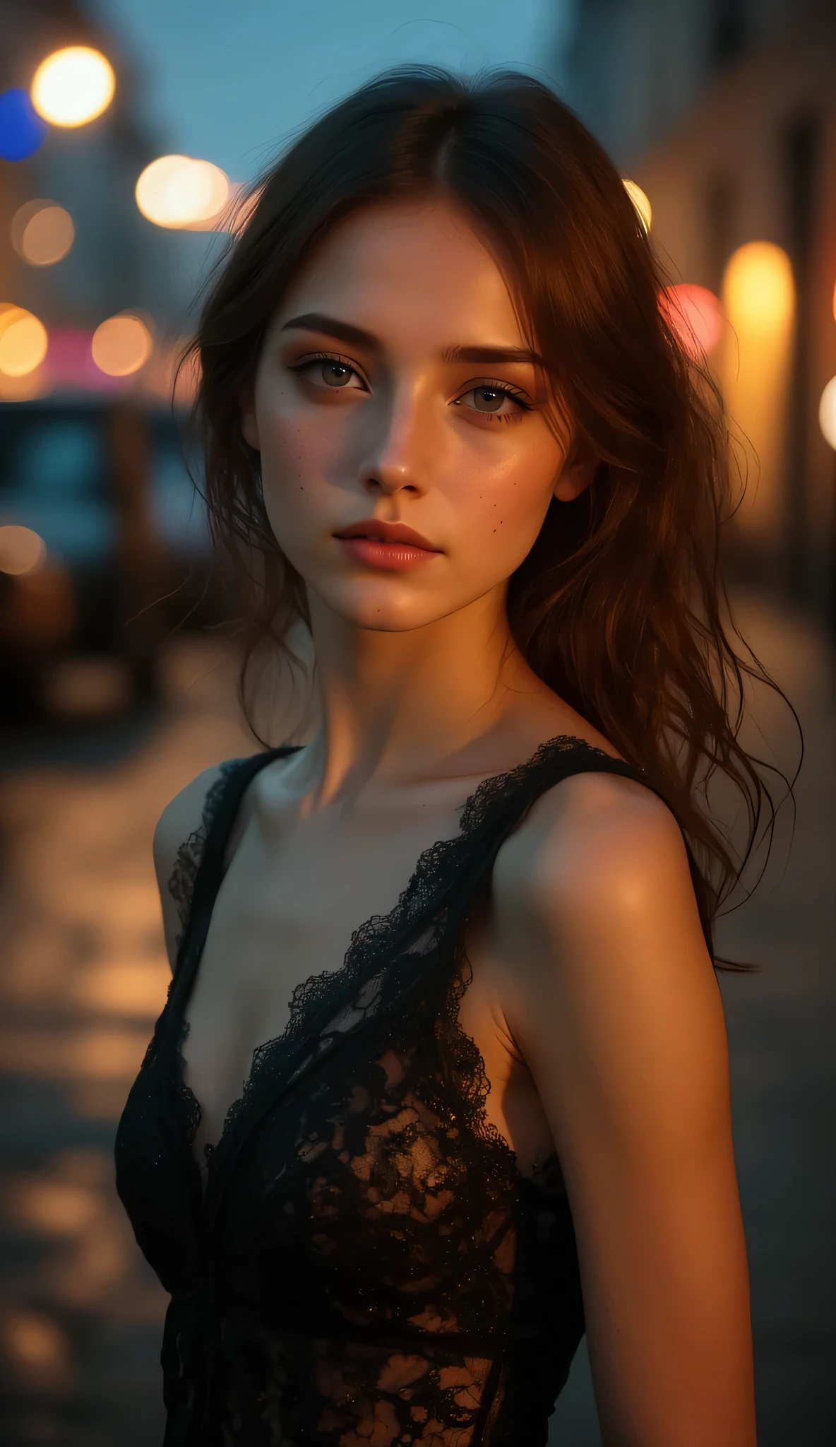 one girl, ((Highest quality)), ((masterpiece)), (detailed), ((very detailed face)), High resolution photograph, smile, full body portrait, slim face, pretty woman, (dark brown hair), (long dress:1.1), She is wearing an evening dress to go to the dance party, detail eyes, double eyelids, (Beautiful Delicate Eyes and Lips ), blurry background, slim face, She is on the city streets, Good light, (magic hour),