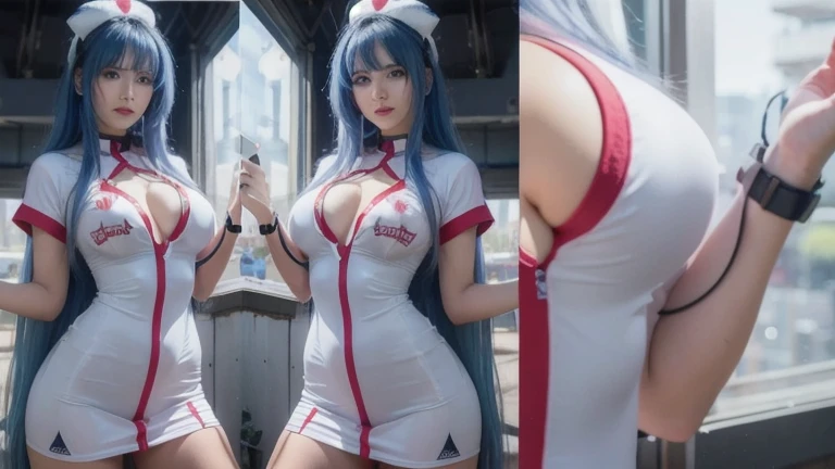 Masterpiece in maximum 16K resolution, estilo macabro de Silent Hill. | uma mulher de 20 anos, usa uma roupa de enfermeira toda de branco, now sujo, torn, e manchado de sangue. Your body shows signs of exertion, coberto de suor, enquanto ela olha para o espectador com um olhar determinado e um sorriso maligno. Seu curto, blue hair with voluminous bangs in front of the right eye is complemented by a macabre nurse's cap, ostentando uma cruz vermelha no centro. In the midst of deterioration, sujo, and macabre hospital full of destroyed hospital machines, camas velhas e quebradas, bloody demons, altares macabros, estruturas rochosas, vazamento de canos, e computadores arruinados. O estilo Silent Hill permeia a cena, plunging you into a demonic atmosphere of horror and terror. | The composition of the scene emphasizes decay and horror, using dark angles and games of light and shadow to intensify the macabre atmosphere. Detalhes como sangue nas fantasias, the character's sinister facial expression, and the destruction of the hospital contribute to creating a visually striking experience. | Cena de uma mulher macabra vestida de enfermeira, immersed in a Silent Hill environment full of demons and destruction, com seu olhar determinado e sorriso maligno. | {The camera is positioned too close to her, revealing her entire body as she adopts an nervoso_poseas, interagindo e apoiando-se em uma estrutura na cena de uma forma emocionante} | She is adopting a ((nervoso_poseas interage, corajosamente apoiando-se em uma estrutura, recostando-se de uma forma emocionante):1.3), ((perfeito_pose)), ((corpo todo)), perfeito_dedos, perfeito_pernas, "Mais detalhes"