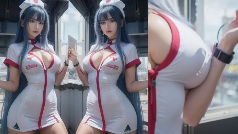 silber hair、hime-cut、Golden Eyes、age sisters、flat chest、Thin pubic hair、Beautiful open legs、nurse's outfit