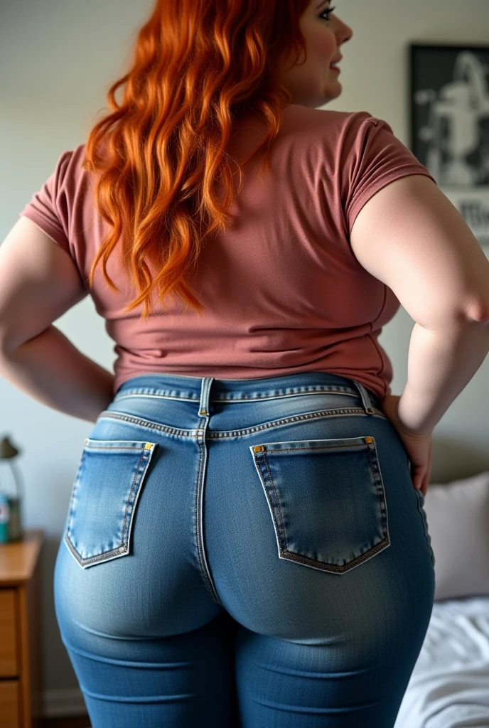 A 25 year old pawg with vibrant orange hair, thick red glasses, chubby with wide hips and a ginormous butt; her figure is pear shaped. She is quite short. She is wearing blue jeans and a loose fitting and soft t-shirt and is searching for new books in a bookstore. Her face is round and sweet though not especially attractive. She is shy towards the camera.