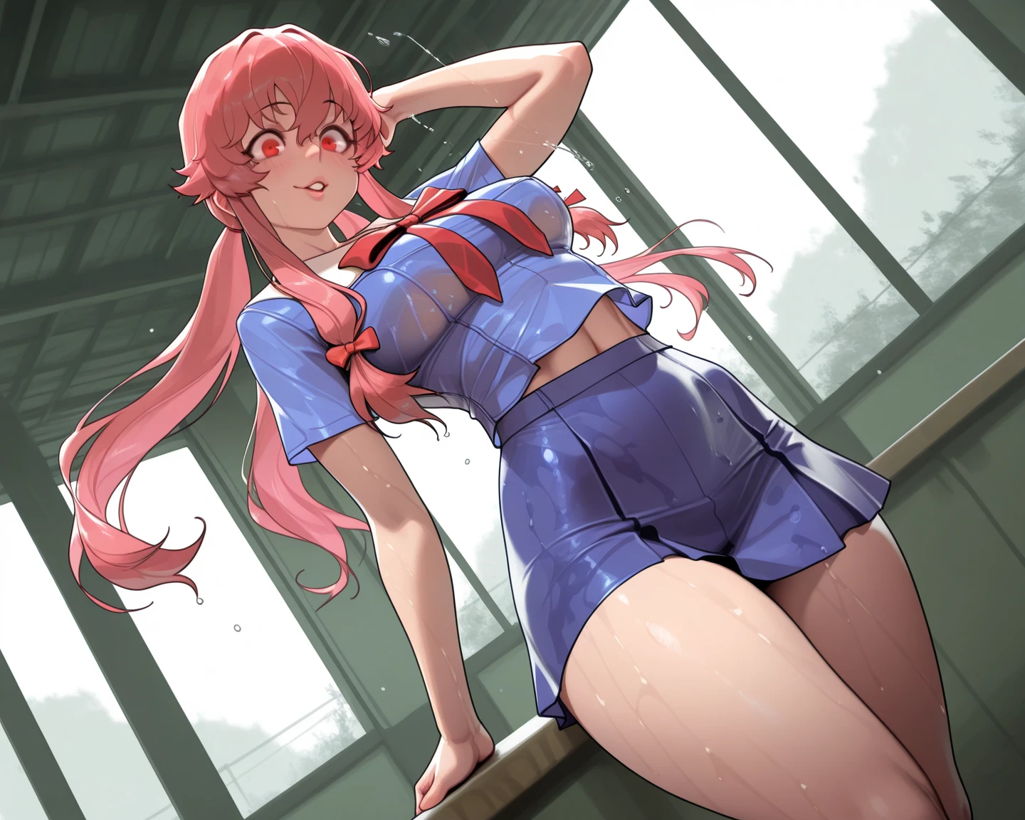 , European, rubio, medium breasts ,large eyes, closeup of breasts, tiny ruffled skirt, long legs, platform high heel sandals, full body photo, wet floor with reflection, ray tracing, HdR