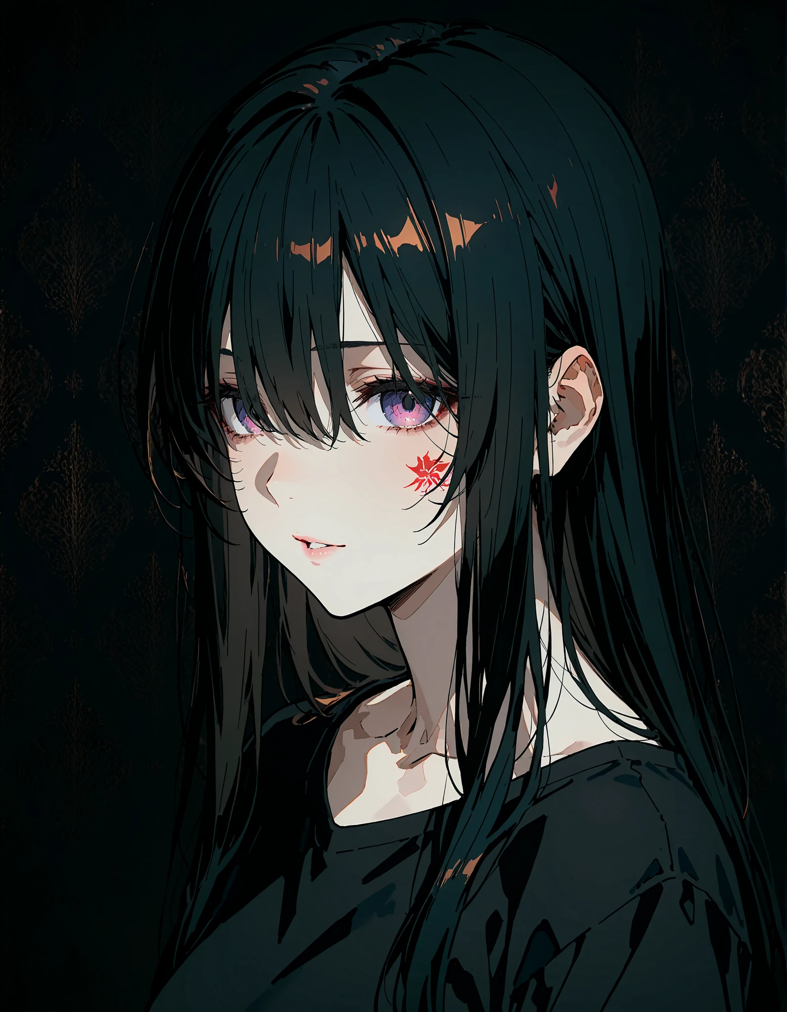 (artist:OKAZU:1.10), (artist:hiten:0.51), artist:WANKE, (artist:ciloranko:0.55), (original character), (masterpiece: 1.2), (best_quality: 1.0), (solo: 1.4), 1woman, 35 years old, middle-aged woman, (solo focus, 1view), (mature woman, strict facial features, sharp facial features), ((face focus: 1,4)), ((Ultra Detailed, Cinematic, hyper detailed, Hyperresolution, official arts, Wallpaper 40k, Mind-blowing art)), (black hair, extra long hair, straight hair, hair front of eyes), Beautiful nose, Beautiful character design, perfect face, Colorful, Bright_Front_face_Lighting, (bright_color: 1.2), (beautiful_face: 1.5), seductive, (beautiful, clean skin), side view, bottom view, simple background, black background, looks to the side,