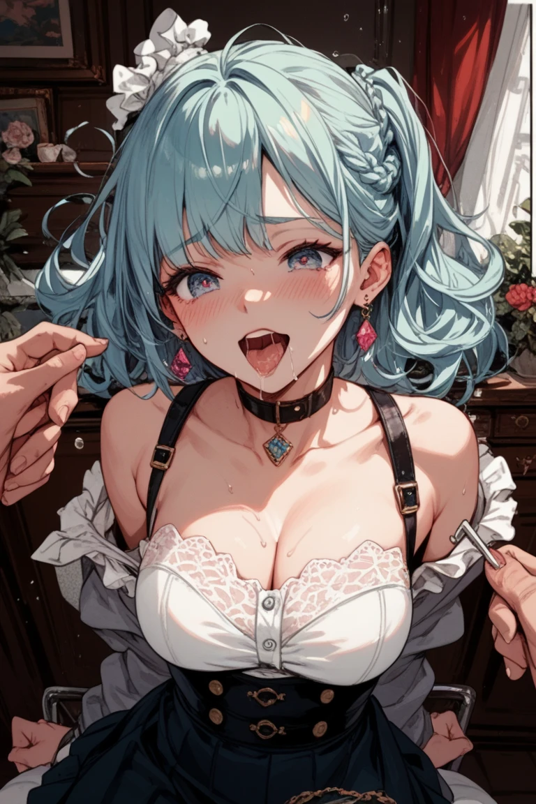 Anime girl with black gloves and purple hat, hajime yatate, ahegao, ahegao face, from girls frontline, gapmoe yandere, heavy gesture style closeup, by Kamagurka, Anime moe art style,dropping saliva,Hair tied up,Long tongue,Single horsetail,love heart,Place your hands on your chest,Exhale the mist,Get wet,Sweating profusely,teardrop,Bend over,Look up,Pale blue hair,No teeth,dropping saliva, The blue liquid drips onto the face from above, Flowing mucus,Oral sex(grabbing her own breasts:1.2),Full body like,Kneeling,Simple clean white background,Vacuum suction,Suction of mucus,Blue slime,Suction of mucus,Heavy saliva dripping,Barefoot,Mermaid line,musculature,Ambiguous eyes,High-fork panties,Be red in the face,huge tit,over knee socks,open open mouth,Stick out her tongue, dropping saliva,Lick popsicles,White popsicles,Melted popsicles,Hair tied up,Long tongue,Single horsetail,The melted popsicle falls on the chest,Place your hands on your chest,Plenty of liquid,White liquid,Popsicles stick out from the top left corner,over knee socks,no shoe,High-fork panties,Split legs,teardrop,roll eyes