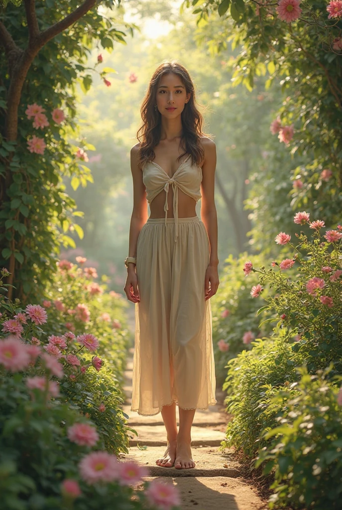 Young woman in modern clothing with a low-cut neckline, posed in a Claude Monet botanical garden, painted in oil on canvas, showcasing balance, rhythm, movement, and high contrast in the foreground. 