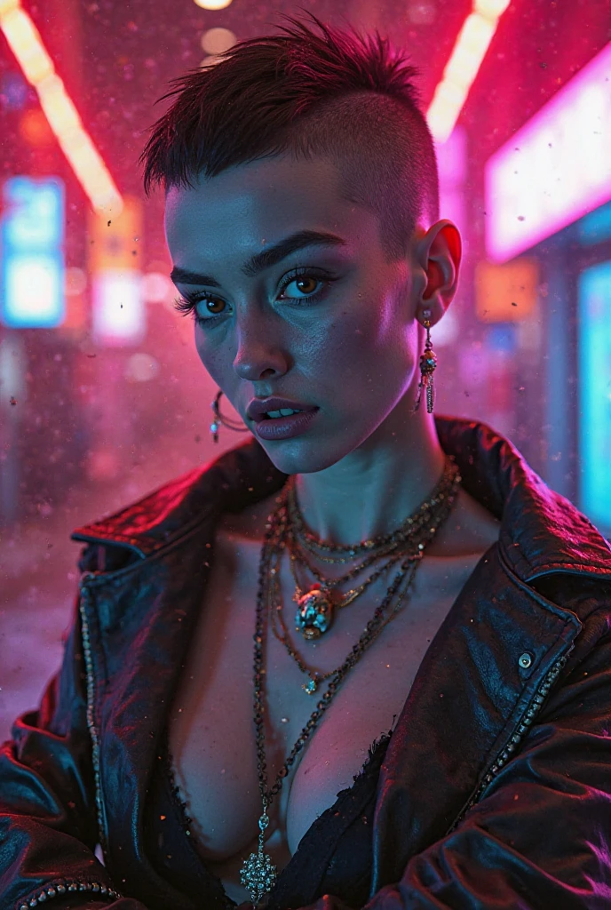 best quality, (table top:1.2), very detailed,  1 girl, alone, looking at viewer, (upper body:1.2), erotica、highest quality, incredibly beautiful, Very detailed 8K wallpaper, transcendently beautiful girl, Masterpiece face, (eyes of masterpiece:1.5), (Pixie cut hair:1.3), (Internal color creamy yellow head, short shaving surface, very shortly after, very short side, undercut, side cut:1.3), (long eyelashes, red lips), (deep skin, black skin:1.5), pink lipstick, eye shadow, only_leg, choker, piercing, (wearing fishnet stockings:1.2), (Mini hot dress in enamel:1.1), take off one&#39;s clothes half way, flat_chest, giant_chest, large_waist, (five fingers, 4 fingers and 1 thumb),(((wet))), (((sweat))), ((A pitch-black neon street))、agitation、prostitute