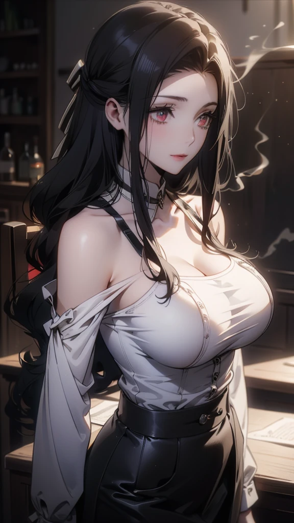 masterpiece, best quality, high resolution, 1 girl, Colored hair, hair covering one eye, Red hair, multicoloRed hair, long hair, purple eyes, bicolor hair, hair ring, earphone, white hair, , Bangs, very long hair, medium breasts, black skirt,(huge breasts:1.2),wet skin