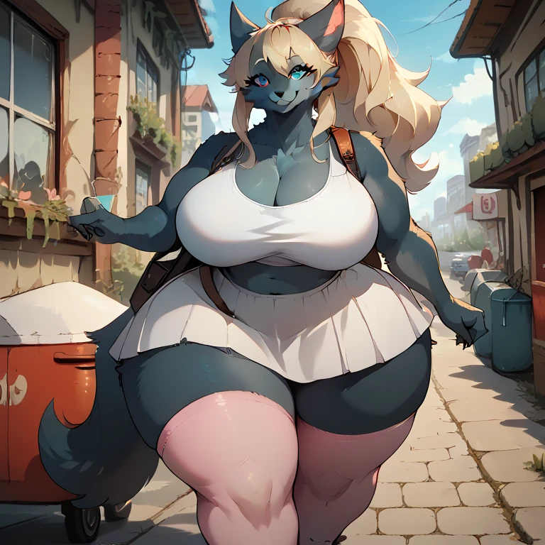 dragon woman, (white body:1.5), (scales:1.4), pale yellow eyes, cigarette, white hair, black horns, female, (large white dragon wings:1.3), smiling, (long snout:1.1), friendly, (black corset top:1.4), bare midriff, (black lace g-string:1.4), (huge bulge), penis outline, highly detailed crotch, (large breasts:1.8), cleavage, large areolae, muscular, bulky, bara, bodybuilder, brawny arms, gold bracelet, gold jewelry, piercings, thick waist, wide hips, huge ass, thick tail, powerful thighs, standing upright, by darkgem, by duase, by gideon, massive, gigantic, giantess, macro, city background, tiny city, tiny people, full body, (four toes:1.3), black claws, walking toward viewer, crowds at her feet, bulgeJ8