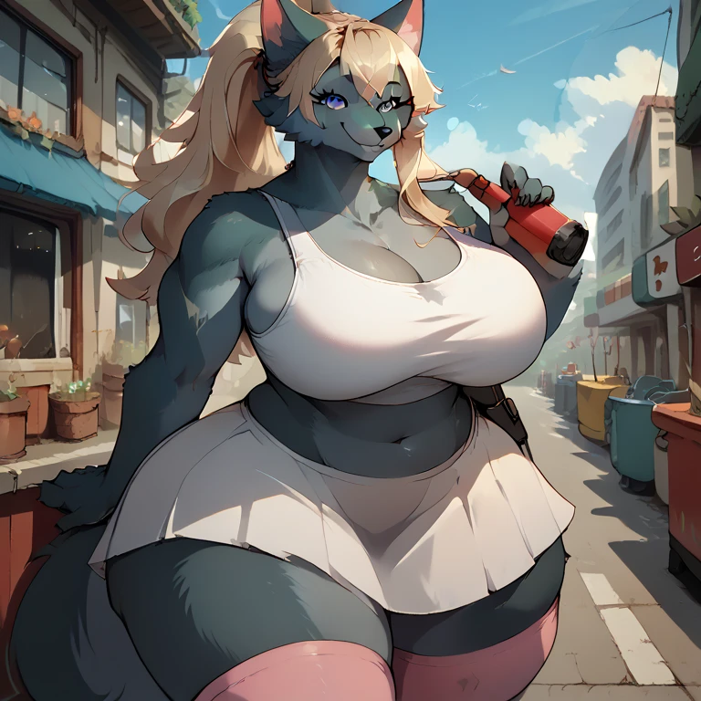 by darkgem, by boosterpang, by kevinsano, by duase, by BNG, curvy, arctic fox, white fur, female, athletic figure, furry body, hyper hips, thick thighs, big arms, accurate hands, (huge breasts:1.1), heavy breasts, nipple outline, blue eyes, highly detailed eyes, blonde hair, long hair, pigtails, young, , cleavage, large areolae, long snout, big bottom lip, red lipstick, sling bikini, Masterpiece, best quality, absurd res, highly detailed, cleanly drawn eyes, anthro only, (figures in background:1.4), boardwalk, los angeles, summer, bright day, smile, standing upright, bare paws, digitigrade,