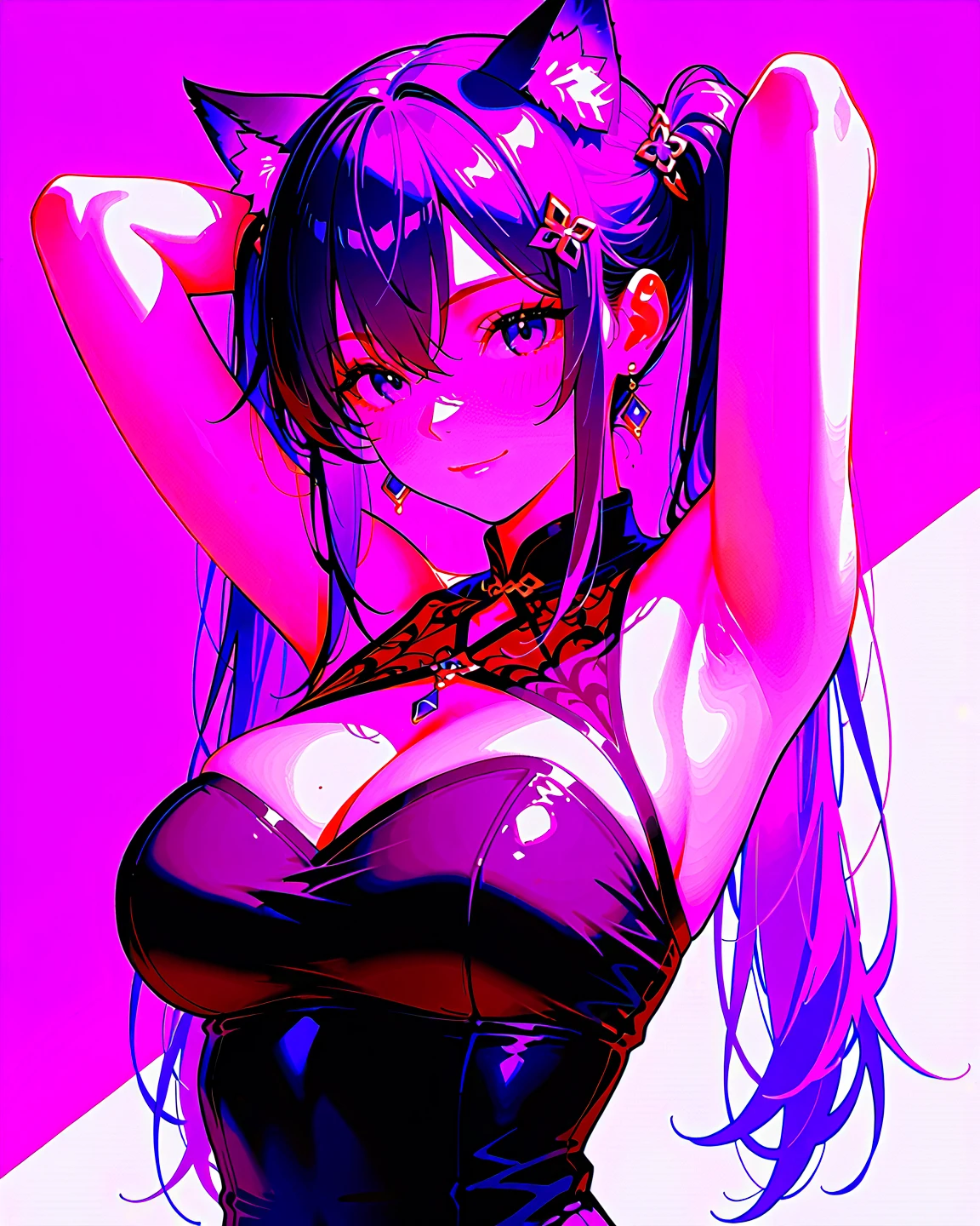 Girl in black and white dress, Pink tail, anime cat girl in a maid costume, style of magical girl, Small two-tone curls, fleshy feeling, sparkling magical girl, portrait of magical girl, anime girl in a maid costume, nyaruko-san, Splash art, Openwork maid costume, lollipop, Detailed key anime art, white hair, long hai , huge boobs, full body, sexy, lip bite, ahegao, smiling, {{{red eyes}}}, {{{black hair}}}, huge breasts, huge ass {{{rainbow hair strands}}}, glitch, computer, hacking, glitchy