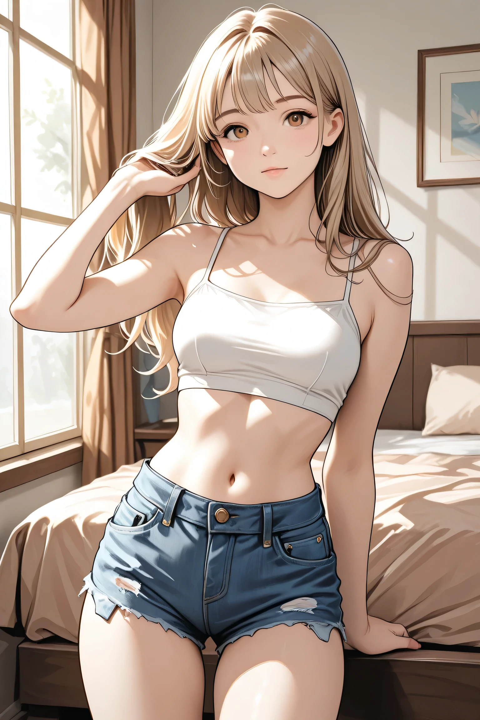 1girl , Solo ,looking at viewer , Wearing white top , bare shoulders , denim shorts, Front pose , one hand brushing hair