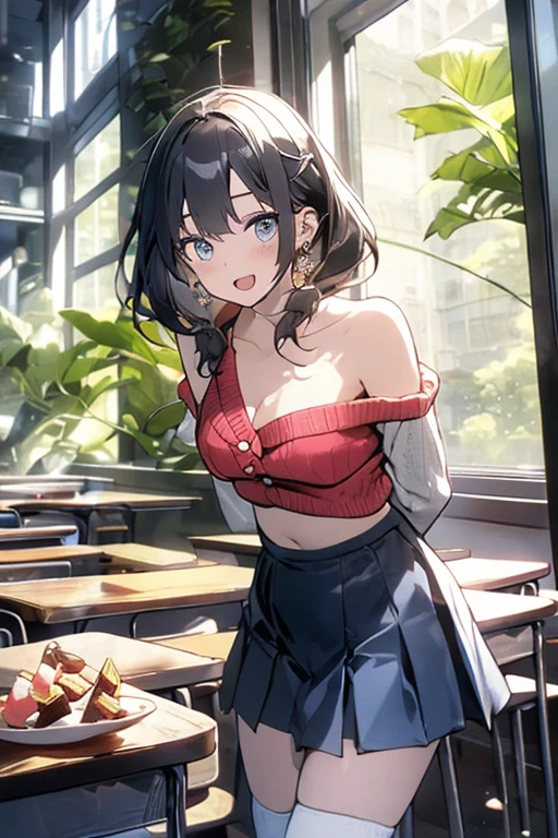 1 girls, solo, tits cleavage, smile, arms on table, face palm, breasts close up, off-shoulder sleeves, medium hair, camisoles, blue clothes, big breasts, khaki clothes, velour clothes, hoodies, masterpiece, high quality, best quality, upper body, exposed breasts,
