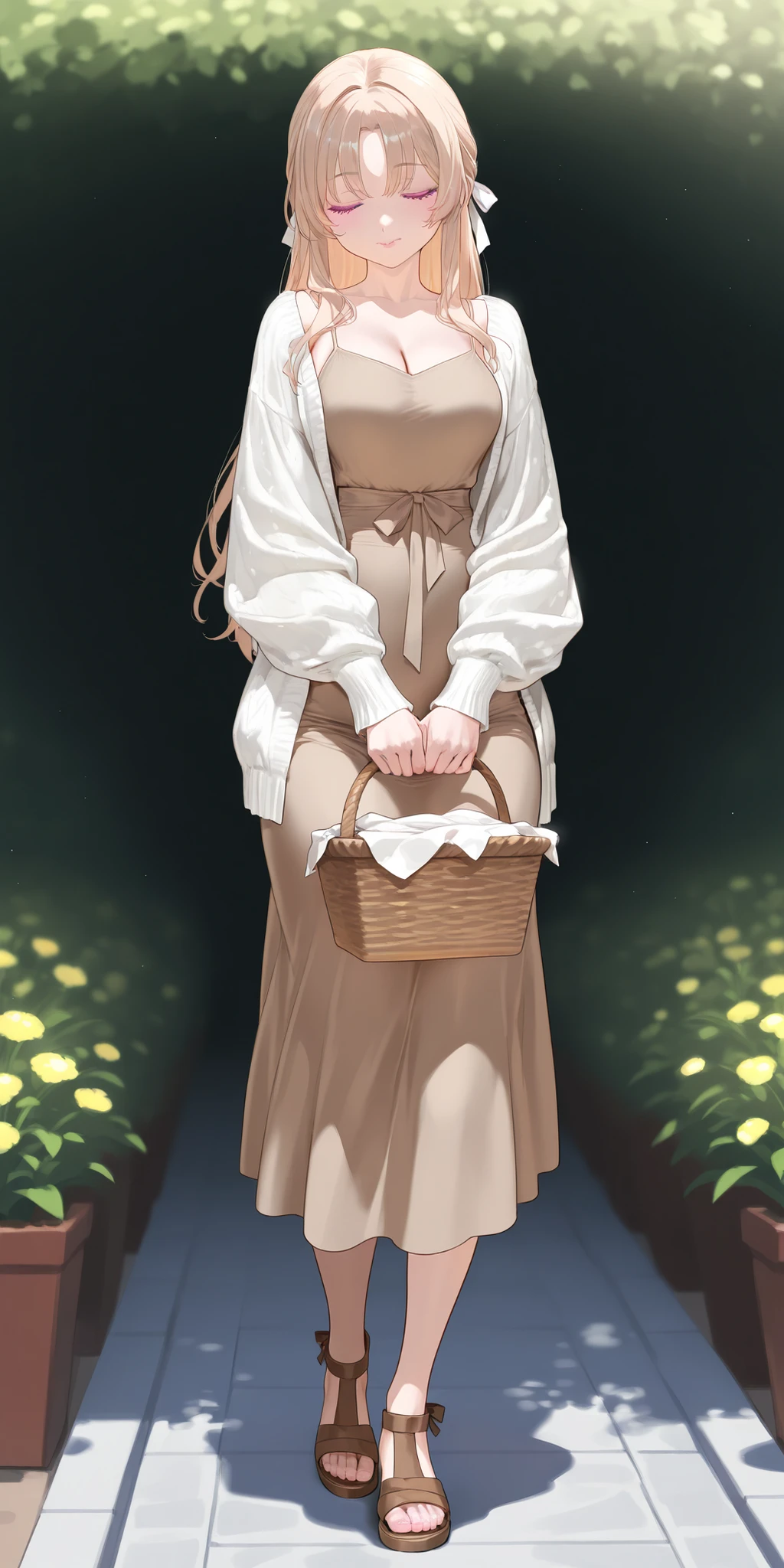 An extremely beautiful woman with blond pulled-back hair, extremely fair white natural skin, big pink eyes, red plump glossy round lips, a small waist, and a perfect slim yet curvy body. She's only wearing a light-brown dress with spaghetti straps, a white front-open sweater with long sleeves over the dress, hair ribbon, and brown sandals. Mouth closed, carrying a basket, and standing straight in the garden. Show her full body.