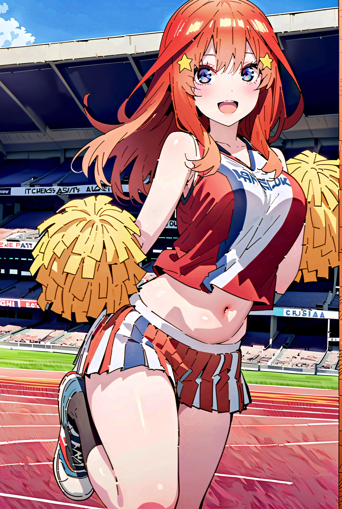 itsukinakano, Itsuki Nakano, bangs, blue eyes, hair between eyes, Ahoge, Redhead, star \(symbol\), happy smile, smile, Open your mouth,hair ornaments, star hair ornaments,(cheer leading), (whole body), Big Breasts, Lower, (Sweaty), Sweaty Wet Clothes (Red clothes), No sleeve,Belly button support, playground, (Jump), (Jump), 足を曲げてJumpする, air, blue sky, Grass原, smileのチアリーダー, Pom-pom \(cheer leading\), Grass, whole bodyがイラストに入るように,crowd, people々々,
break outdoors, Stadium,
break looking at viewer, whole body,
break (masterpiece:1.2), Highest quality, High resolution, unity 8k wallpaper, (shape:0.8), (Fine and beautiful eyes:1.6), Highly detailed face, Perfect lighting, Highly detailed CG, (Perfect hands, Perfect Anatomy),
