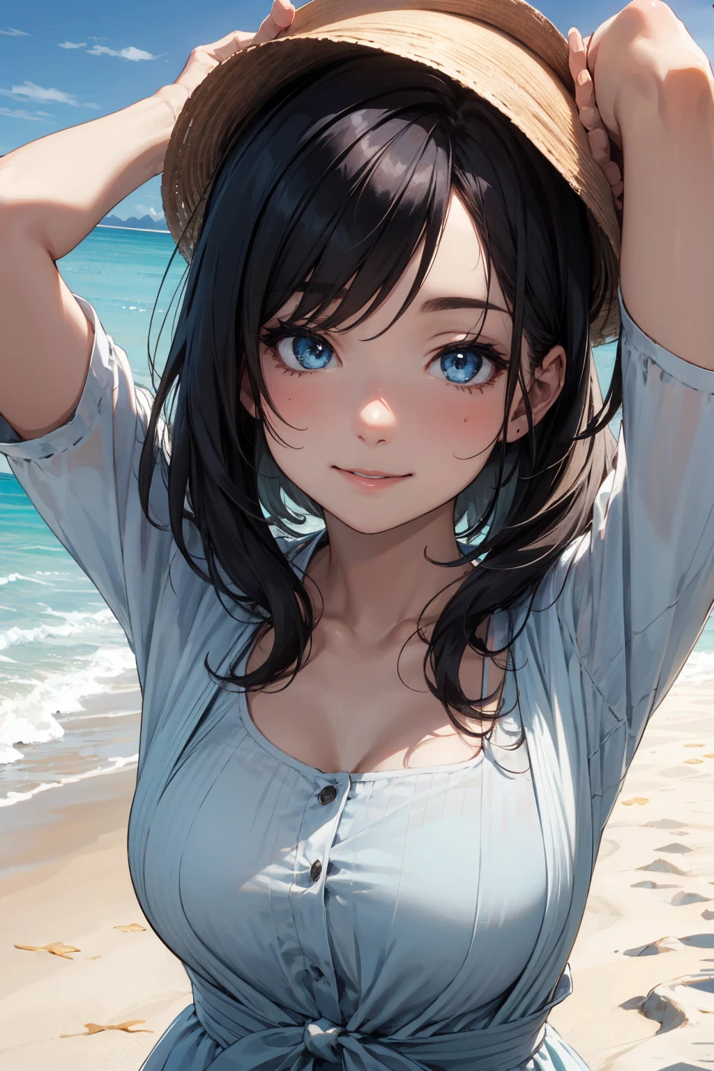 Pale beautiful young woman、Amused beautiful、slim and angular face、pointed chin、Feminine and big eyes、realisic、Heavily detailed、Large accentuated chest、contrast、Textured skin、 cold skin pores、a perfect face、blush on、high small nose、Tear mole、white, transparent and ruffled bikini、Oblique 45 degrees、feet visible、Dark hair、length hair、Light brown eyes、Sweet smell、the beach、blue skies、full body pictures