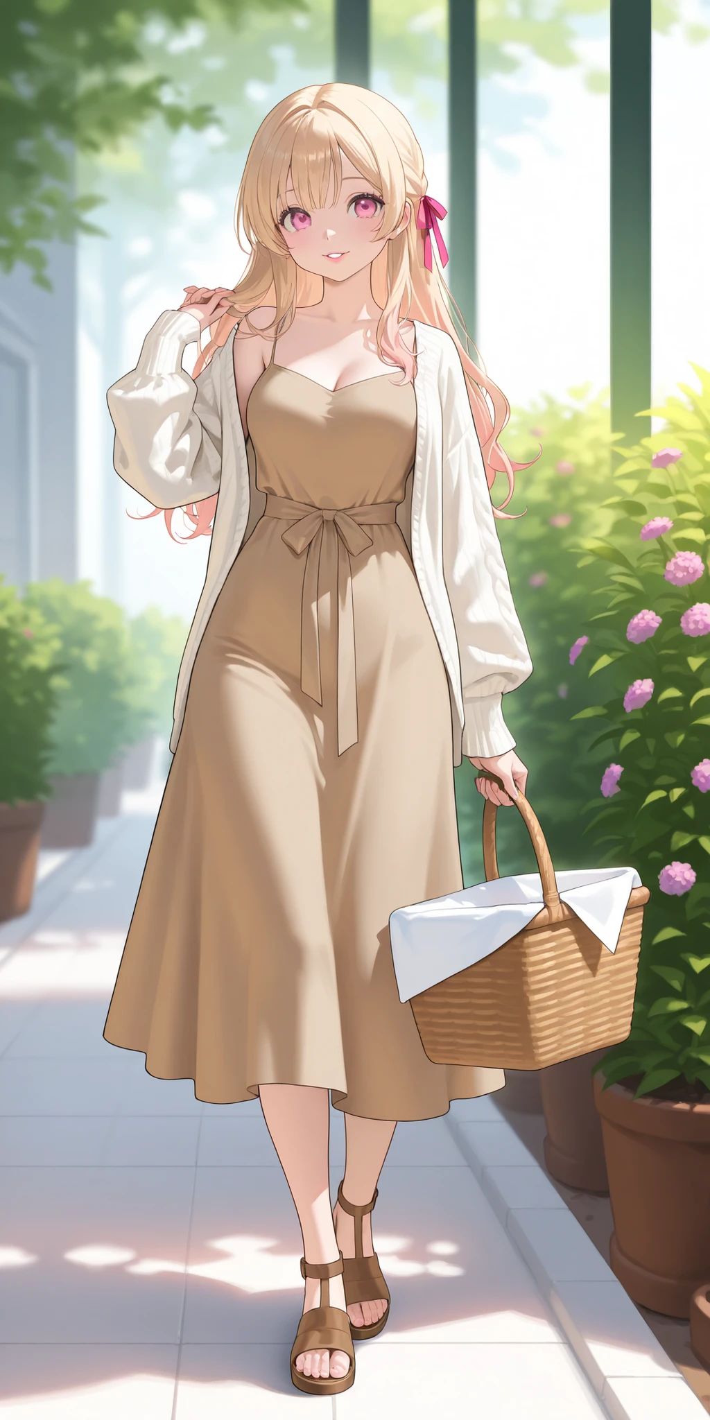 An extremely beautiful woman with blond pulled-back hair, extremely fair white natural skin, big pink eyes, red plump glossy round lips, a small waist, and a perfect slim yet curvy body. She's only wearing a light-brown dress with spaghetti straps, a white front-open sweater with long sleeves over the dress, hair ribbon, and brown sandals. kind smile, carrying a basket, and standing straight in the garden. Show her full body.