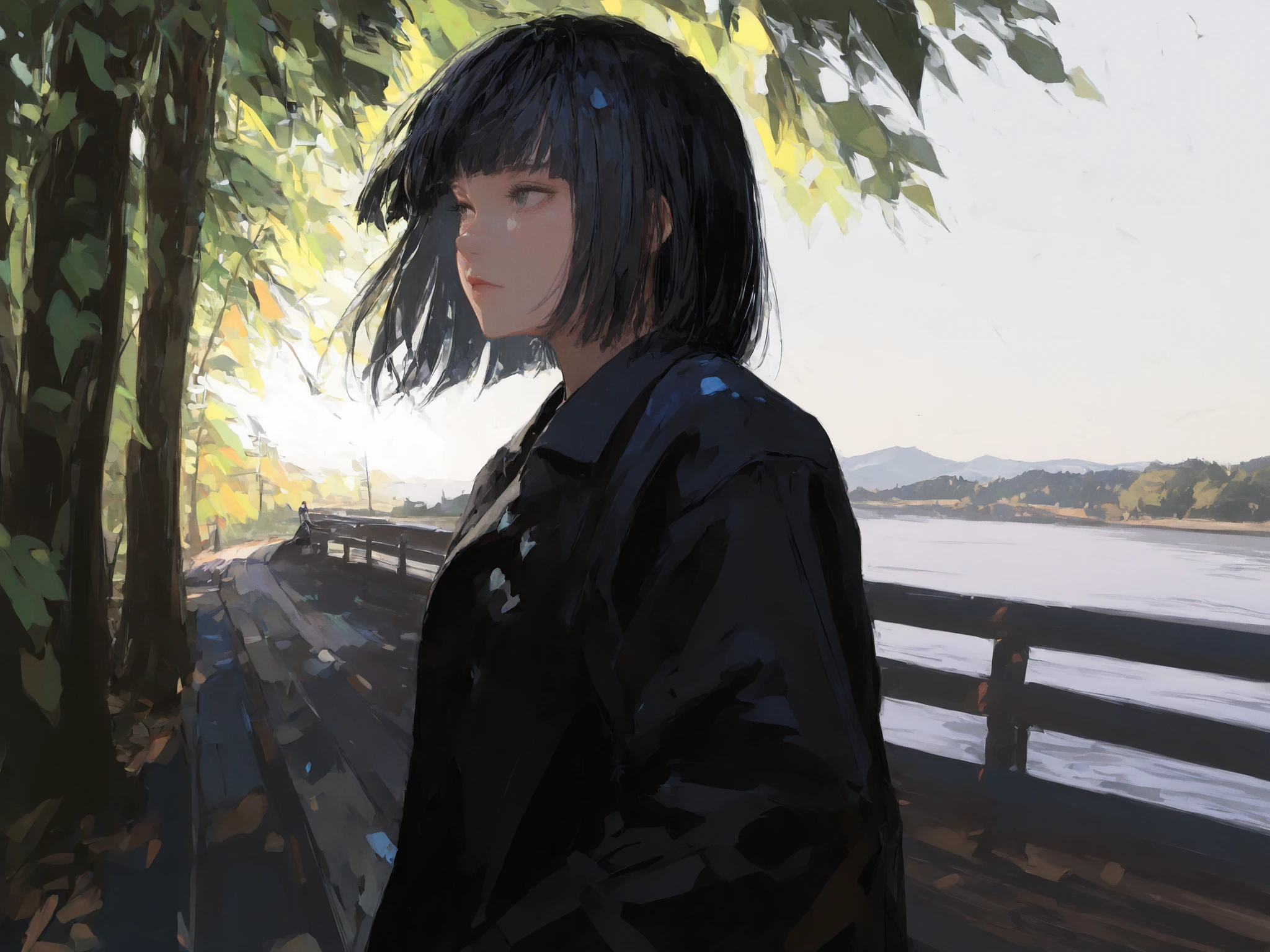 HDR, 8K, high contrast, masterpiece, best quality, amazing quality, very aesthetic, painting artstyle, realistic, newest, hyperdetailed painting, brushstrokes, digital painting,
BREAK
bounce light, hyperdetailed, detailed hair strands, detailed fibers, aesthetic, 8k wallpaper, detailed, masterpiece, best quality, amazing quality, very aesthetic, absurdres, 8K,masterpiece, great colors, color theory, great lighting, great composition, flawless. 1girl, Hime cut, black hair, bleached hair, grey eyes, school outfit, looking to side, leaves in the wind, sharp sunlight, windy, tree shade, railing, japanese road background.