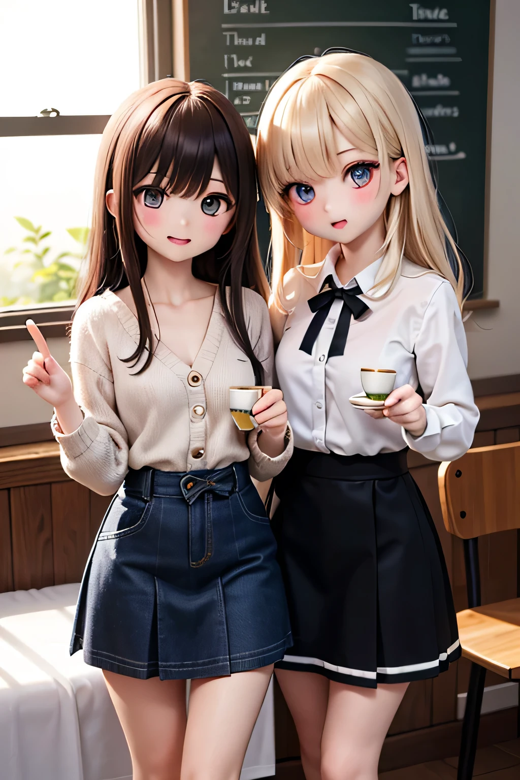 of the best quality、high definition、(high image quality:1.3)、masterpiece、detailed background、Detailed Faces、(detailed eyes:1.3)、age beauty、(Normal number of fingers:1.3)、anatomically correct、Perfect Body Line、A slightly nostalgic atmosphere with overall soft colors、Unnuited spring mood、x} A girl vaguely looking outside by the window of a cafe with warm spring sunlight shines in {x} A spring afternoon where premonitions of the new season and memories of the past that cannot be let go intersect and the depths of her chest become hazy、Warm spring sunlight shines in、
(Two girls enjoying tea time at a cute cafe:1.5)、
Cherry blossom petals dancing in the wind々enjoying tea time at a cute cafe, but my heart is left somewhere left behind、dull colored loose knit、 sheer material blouse 、long skirts with floral patterns and light colors、Cardigan、antique accessories、cute