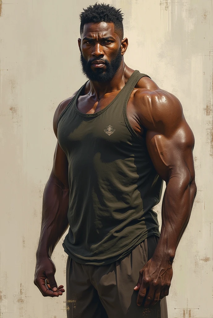 black man, bald, little facial hair, 50 years old, extremely muscular, pumped body, bodybuilder body, in work clothes, in the office, seductive look, confident look, penetrating look  