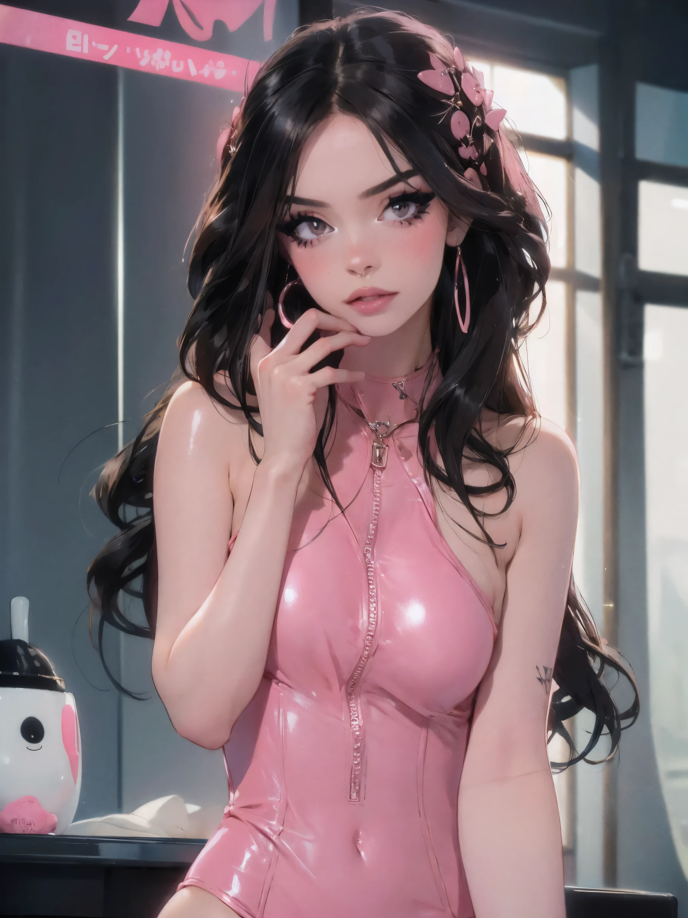 1girl,a beautiful fashion model ,(masterpiece, official art, best quality),long and shiny hair, black hair, full lips, upturned nose , medium breasts, stripping, elegant makeup, exhibitionism, naked in public, , slim thighs, toned body, shiny skin, sexy pose, tattoos, (( (slender, skinny, slim))), gold hoop earrings, pink eyeshadow, cute face, (((tight pink leather mini dress)))