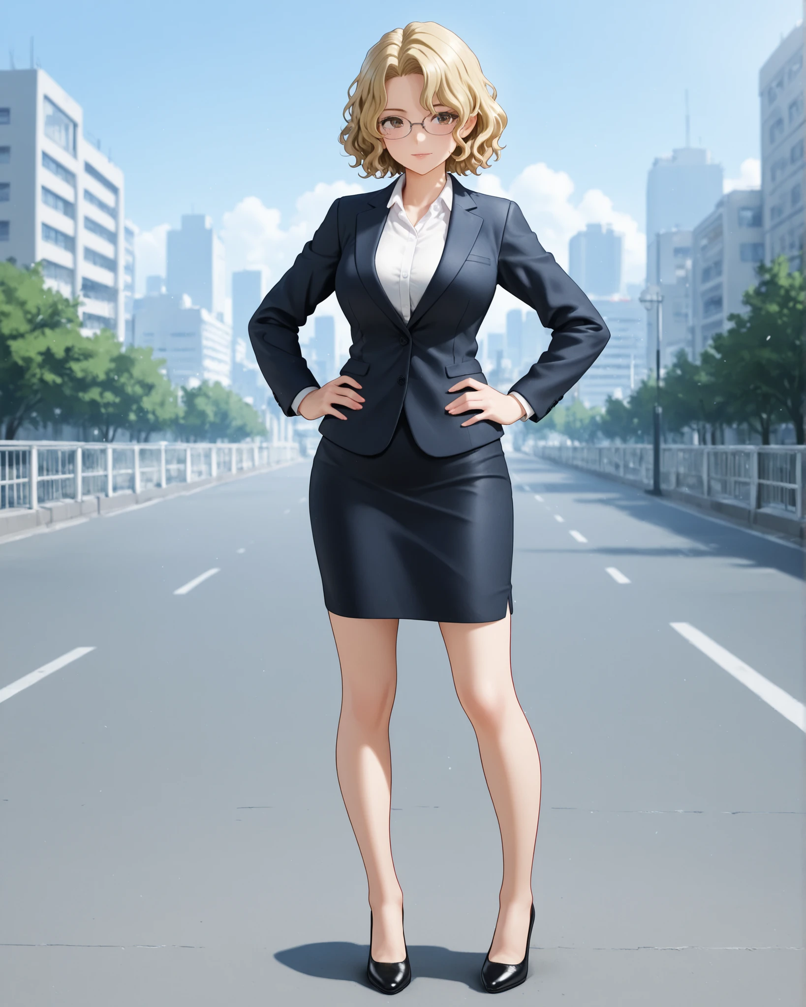 (NSFW:1.0),1 Female,Mature Woman,59 years old,Japanese,Female President,Bright red lips,Light brown shorthair,ample bosom,Mini jacket,blouse,White leggings with see-through lace on the sides,full body,belly button,Realistic, High heels,background:Sidewalk in front of an office building under the scorching sun