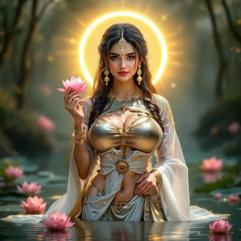 Saraswati devi,feminine, slender, large breasts, crown on head, gold ornaments, wearing a white transparent silk saree, book in hand, lotus pond in the background, swan in background, front view, full body, graceful, realistic, light effects, by Boris Vallejo, Frank frazetta, Louis royo