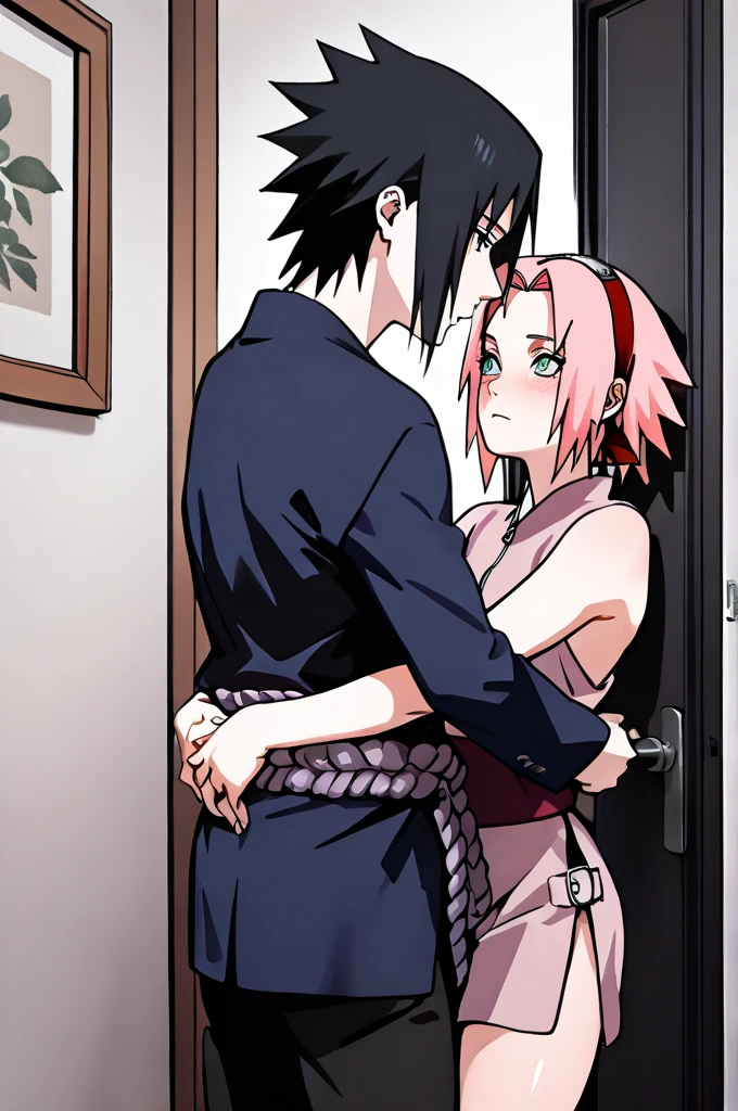 masterpiece, center, amazing quality, high resolution image, intricate details,a young couple, sasuke uchia,black hair. Sakura Haruno, short pink hair. The woman is standing on the young man with her legs around his waist, extremely detailed