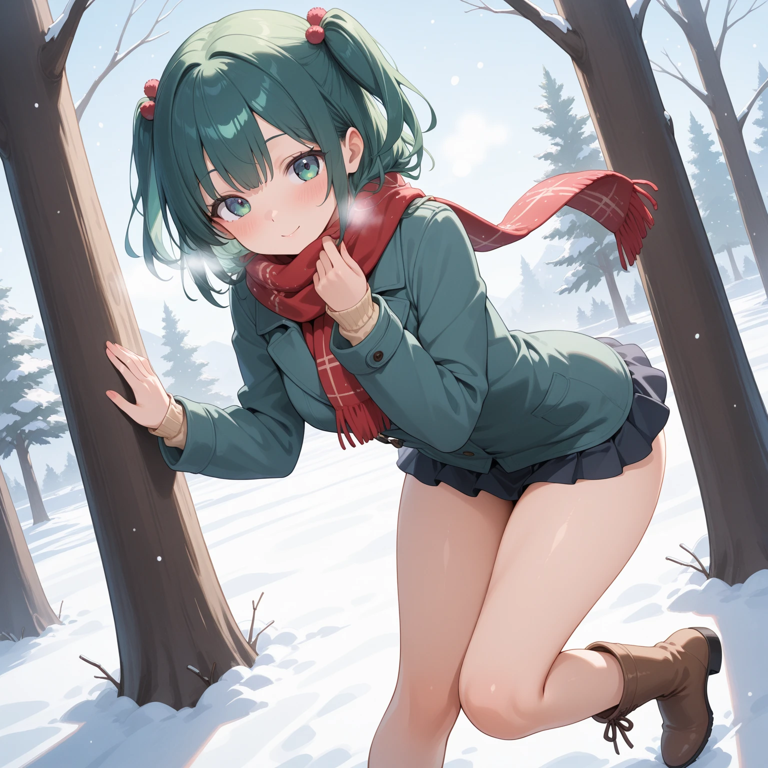 superflat, flat shading, flat colors, masterpiece, best quality, room, 2girls, lolitite, green dress with christmas tree print, upskirt, squatting, (no panties), naked bottom, from behind, on snow, white socks, boots, green hat, shy, blush, embarassed, winter forest, watercolor, vibrant colors, ghibli style