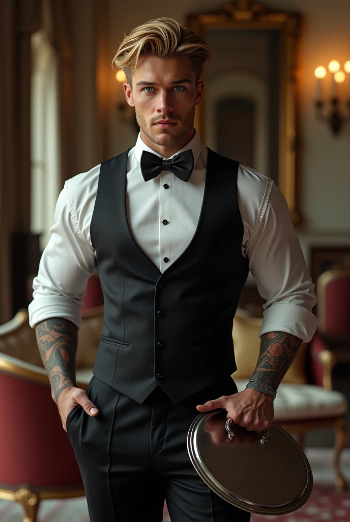 A young 18-year-old male, athletic and well-defined body, blond hair, blue eyes, naked with a prominent penis, with a black bow tie around his neck. At the restaurant.
