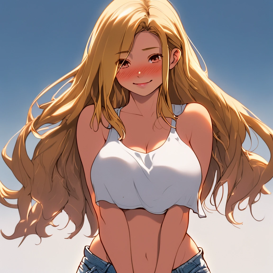 1 girl, short girl, blonde hair, twin tail hair, huge breasts, thick thighs, open mouth smile, tooth, Underboob crop top, Raise the hand, skinny jeans