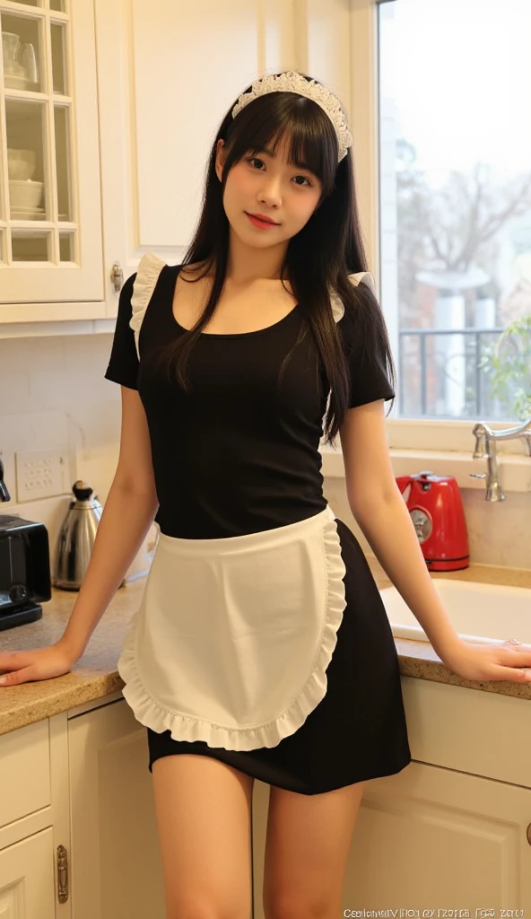 masterpiece, highest quality, realistic, 1 girl, kitchen, Sit on your knees, night, lime green nude apron, 40 year old mature wife, beautiful long hair, big ass, realistic美しいlegs, Clothes with a wide open chest, stockings, nipple protrusion, My whole body is sticky with body oil, trained body, abs, professional lighting, glowing skin, Full body photo up to the toes