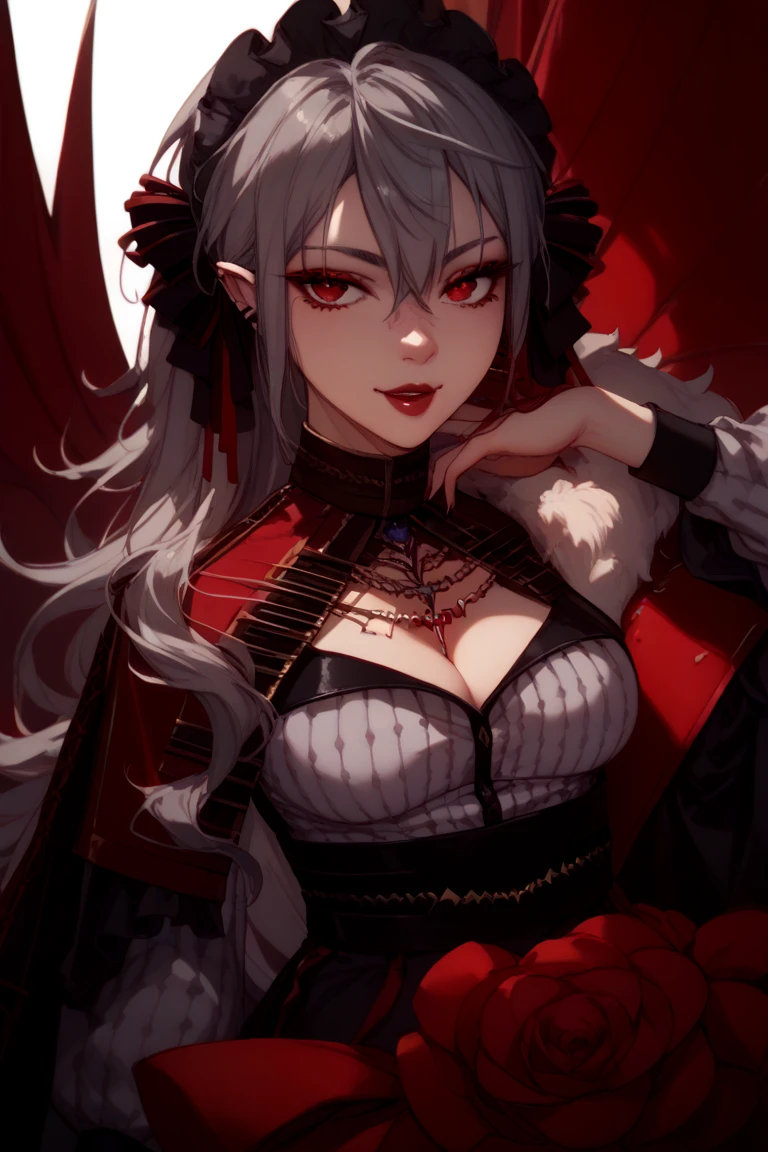 ((​masterpiece))、((beste-Qualit))、((Official art))、8K、very detailed illustration、One girl、Gray hair、Long straight hair、Detailed eye、(Interior of the old castle 1.2)、dimly lit by、(Gorgeous red and black gothic dress 1.2)、((Dracula's daughter))、((deadpan))、Fair skin、pure、Unclear、Meek、Suspiciousness、bareshoulders