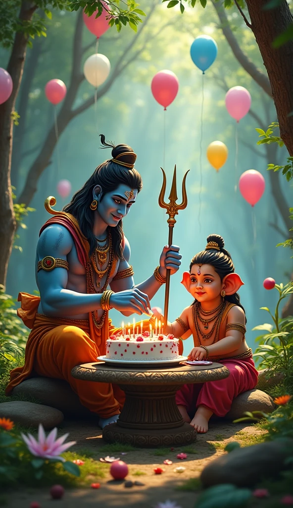 A real image shows Lord Krishna cuttings a birthday round cake on the table which has "Gautam yadav" clearly written in big letters, and standing next to him is a real 1 man wearing like a white T-shirt which has "Gautam" clearly written on it, the boy is wearing a watch bracelets, stylish black hair, the two are in a love temple, the temple is decorated with beautiful lights and balloons.