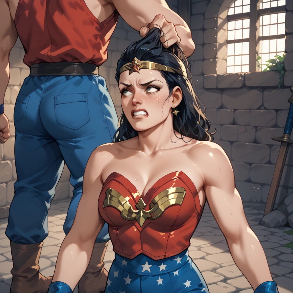 Wonder Woman in a state of servitude, crawling on all fours like a pet with collar and chain on her neck. Wonder Woman should be depicted with her hands tied behind her back and her legs tied together, with a collar around her neck. Her facial expression can convey a sense of shame, as she is forced to crawl on the ground like an animal. The image should have a dark and degrading tone, with Wonder Woman's situation being bleak and humiliating. wet body, (ten man in the background:1.3), (wonder woman eat a bowl of dog food in front of her:1.4), saliva, small breast, (nipple:1.4), ripped clothes ,tétons