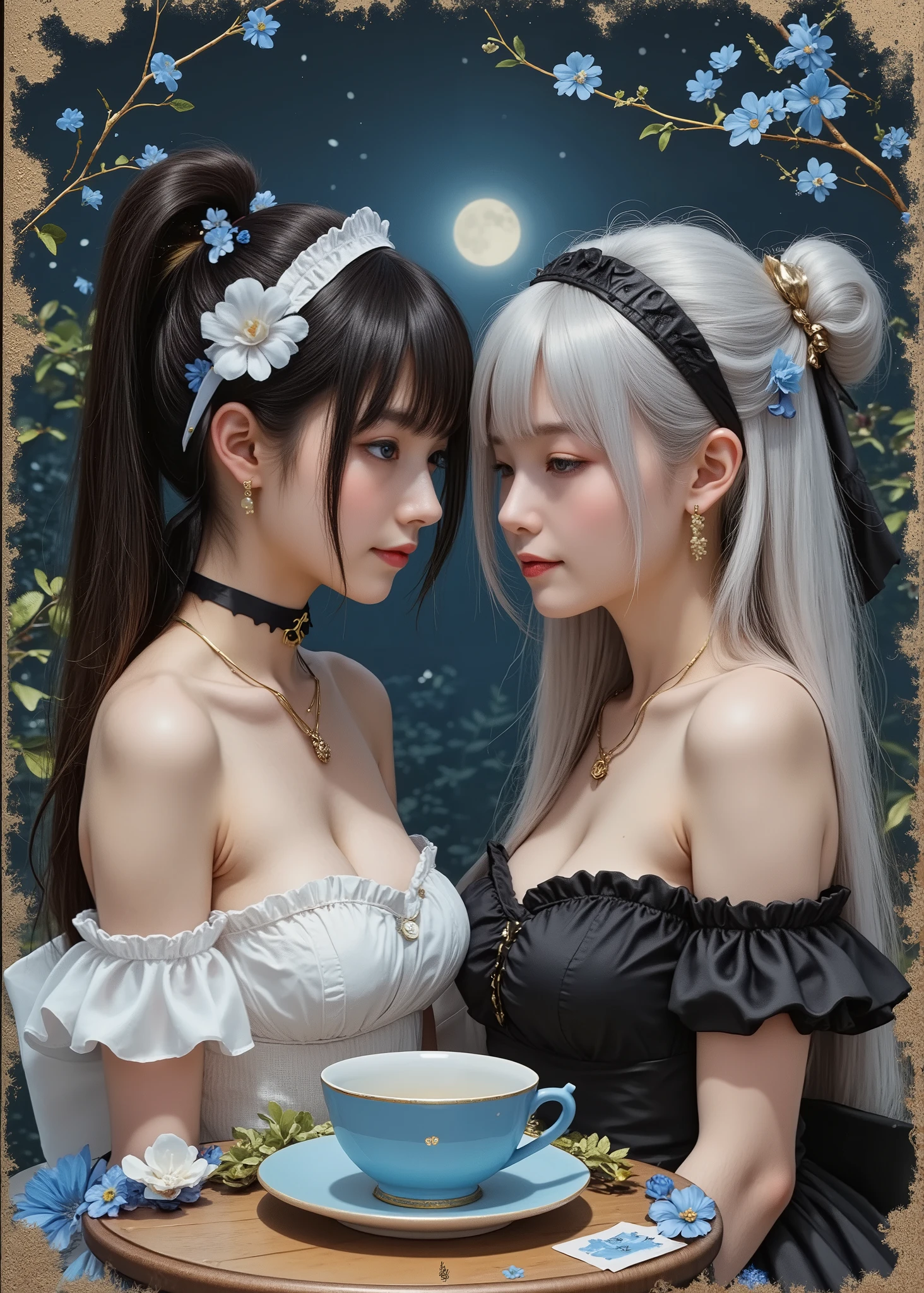 ( masterpiece,of the best quality:1.2),Japanese Washi Paper Painting \( Japanese Washi Paper Painting ), Two Slender Girls Talking , staring at each other ,1 girl \(black hair, hair up , white maid headband , hair accessories in the shape of one red rose ,Black Neck Choker, Wear white maid clothes , Off the Shoulder Gothic Dress ,Paper Texture),another 1 girl /( silvery long hair , hair up , Deep Black Maid Headband ,Black Neck Choker, Dark Grey Black Maid Clothes , Off the Shoulder Gothic Dress ,Paper Texture), (The girls face each other),cute antique wood grain table , light blue teacups and rusty blue flowers on the table ,( Silver Moon Looking Closer :1.2), Little Grey Mist ,Dark Blue Night , gradation, Notice the Table , Shadows and contrast