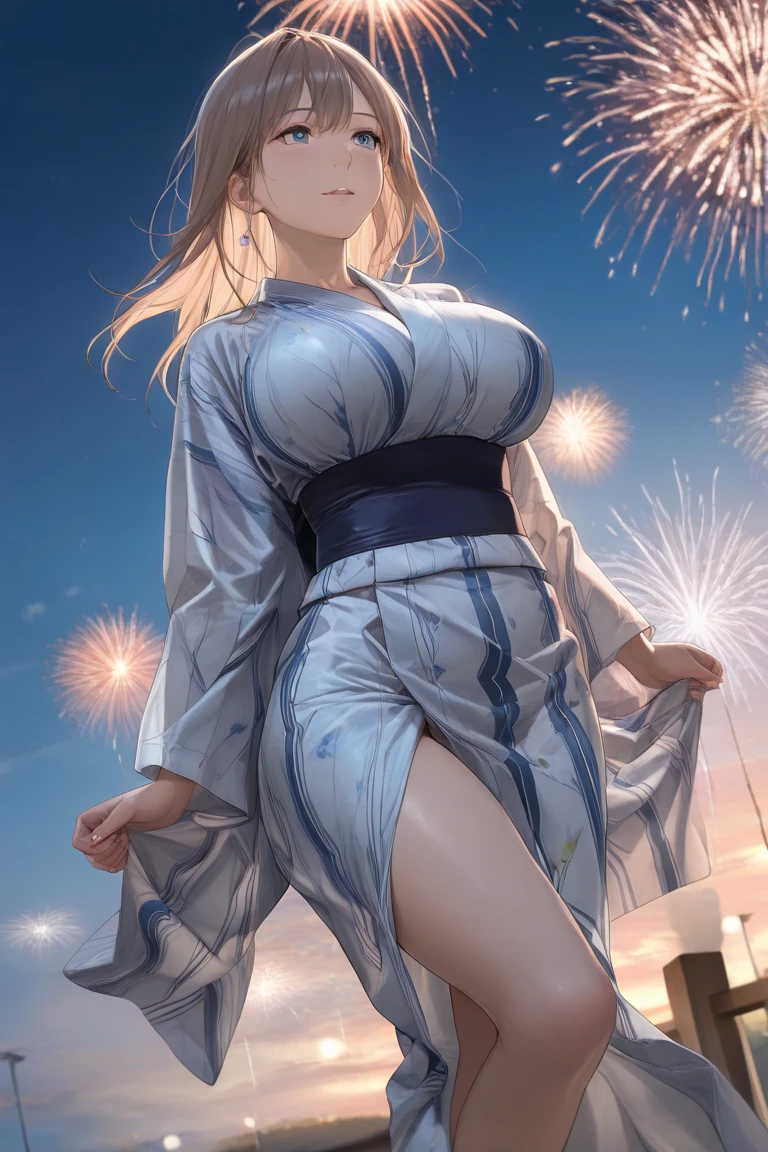 A fireworks maker in traditional kimono preparing for a fireworks festival. A variety of fireworks are lined up at his fingertips, their glow illuminating his face. 8k , HD, highly detailed, realistic, photography, photo realism --ar 9:16 -- at 6.0 --s 750,19 years old, alone, Long Hair, View your viewers, Blonde, Brown eyes, gem, whole body, Realistic, Sexy、Big Breasts 、stockings、clip on earrings,during,bracelet、embarrassed,blush,teache、