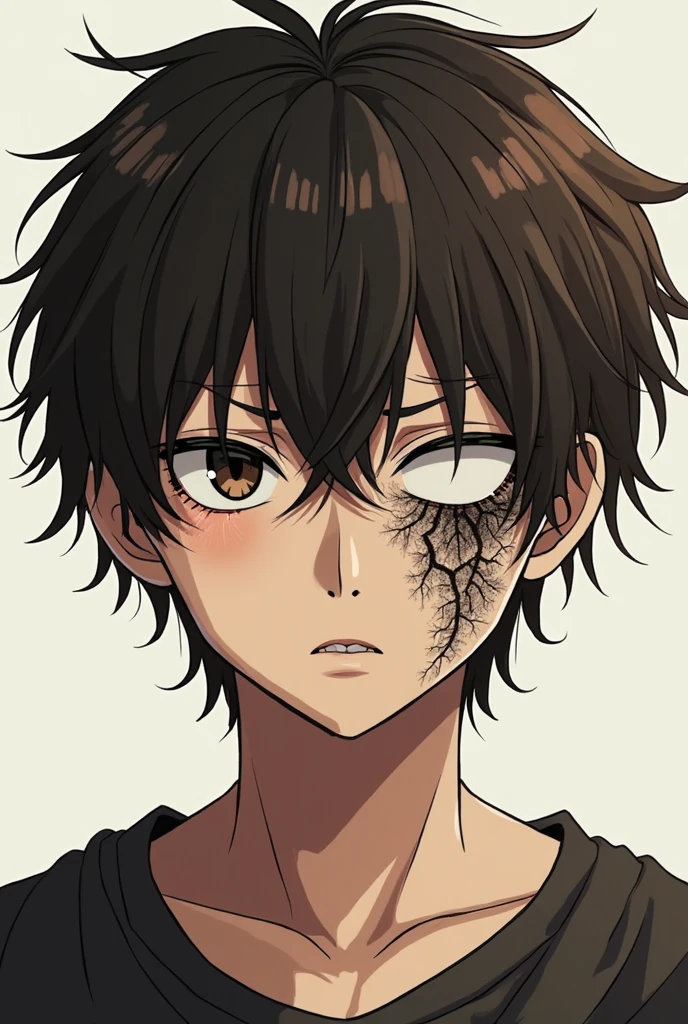 ((masterpiece)), ((best quality)), (from front, facing front), (half-body shot:1.2), (close-up:1.1), (visible full head), perfect anatomy, 1man, solo, adult man, brown hair, yellow eyes, one eye covered, eyepatch, white shirt, weak smile